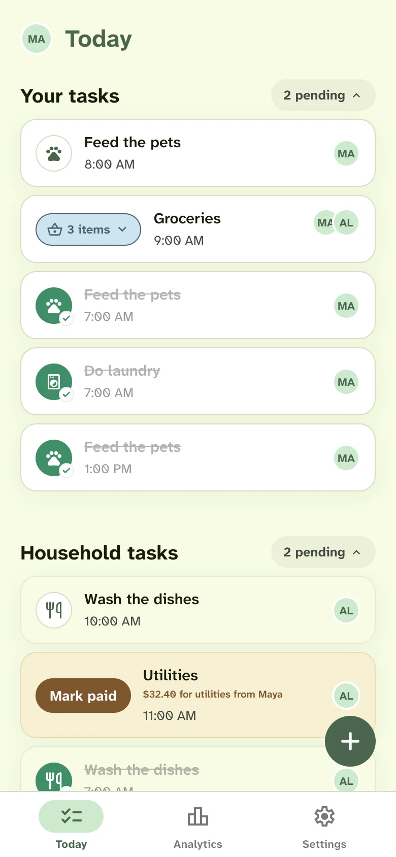 Housli Today screen showing shared household tasks, groceries, and a money request
